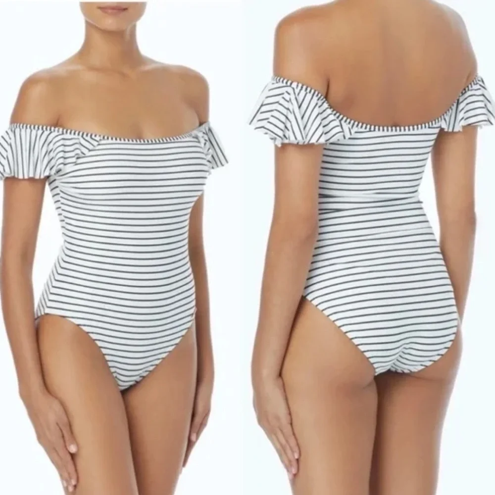Vince Camino black and white‎ striped off-shoulder one piece swimsuit